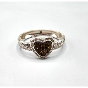 Brighton Silver Heart Filigree Hinged Bracelet with Gold-Tone Center